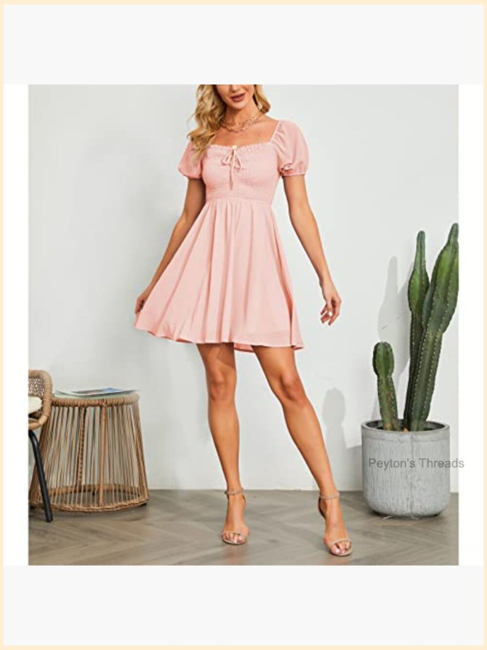 Sweetheart Neckline Dress Smocked Sundress Puff Short Sleeve Drawstring - Picture 3 of 7